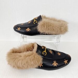 ARQA Fur Mules Leather Buckle Mule Flats‎ Furry Padded Backless Size 38 Loafers